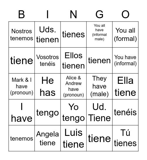 Tener= to have Bingo Card