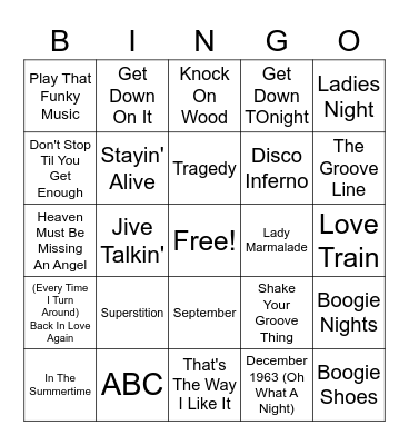 70's Dance Bingo Card