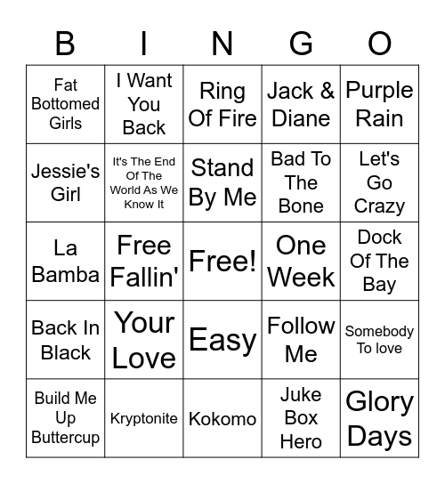 Sing Along Hits Bingo Card
