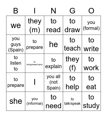 subject pronouns and school verbs Bingo Card