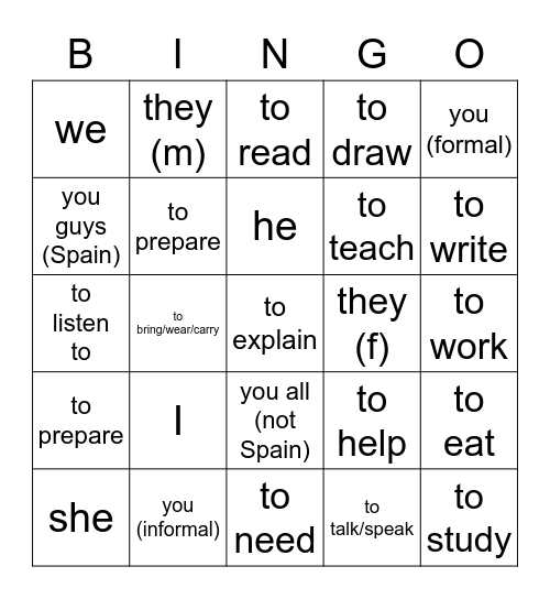 subject pronouns and school verbs Bingo Card