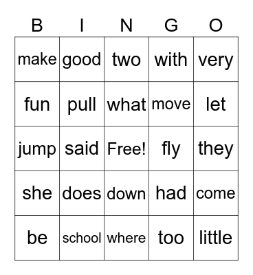 1st Grade HFW's Bingo Card