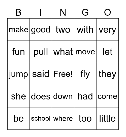 1st Grade HFW's Bingo Card