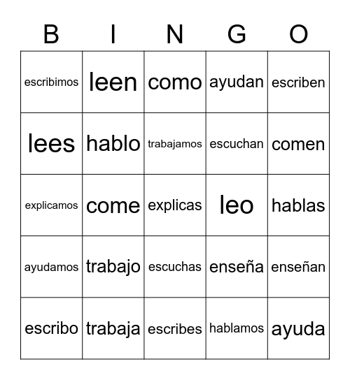 present tense ar,er, and ir verbs conjugated Bingo Card