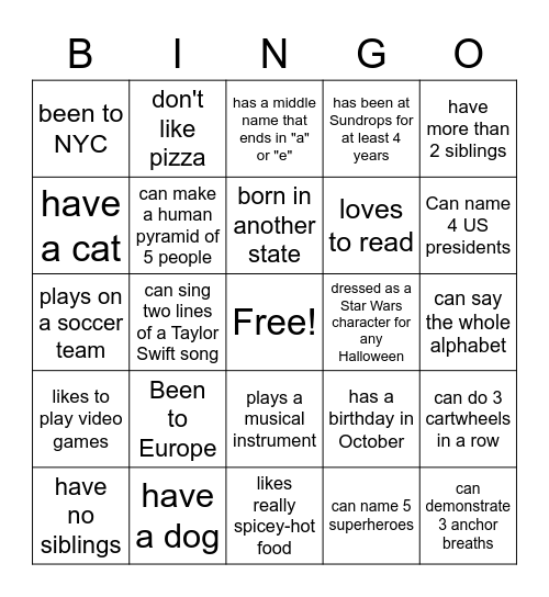 Getting to know you Bingo Card