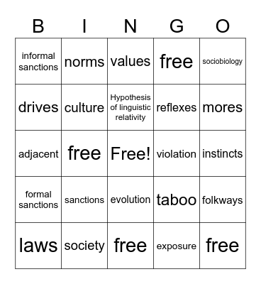 Culture Vocab Bingo Card