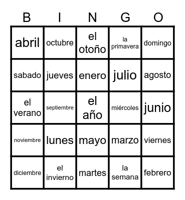 las estaciones /dias de la semana/ los meses Bingo Card