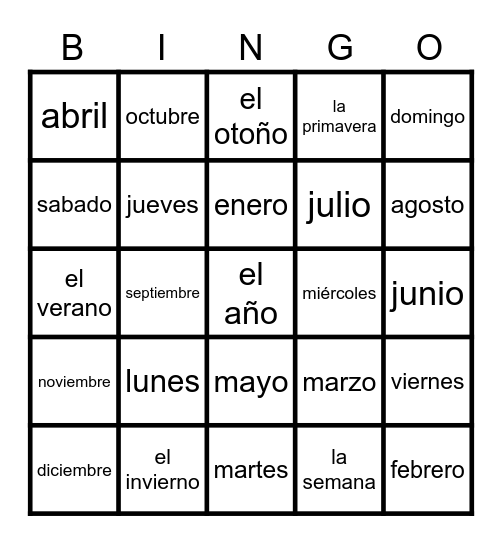 las estaciones /dias de la semana/ los meses Bingo Card