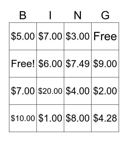Dollar Tree Bingo - adding up prices Bingo Card