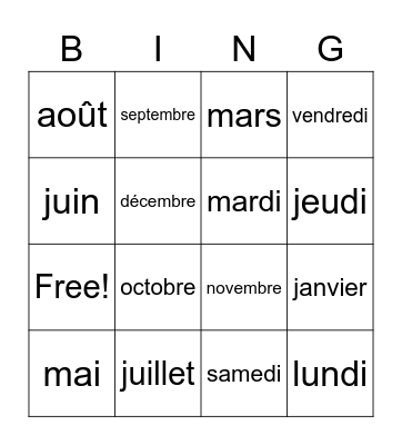 Les mois, les jours Bingo Card