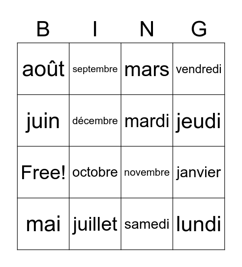 Les mois, les jours Bingo Card