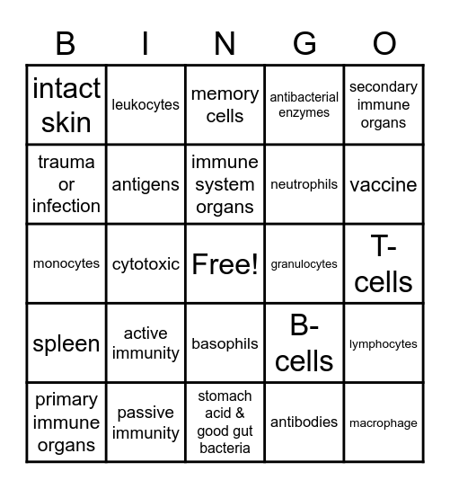 Immune System Bingo Card
