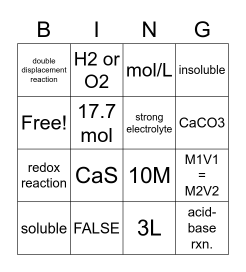 CHEM 101 Bingo Card