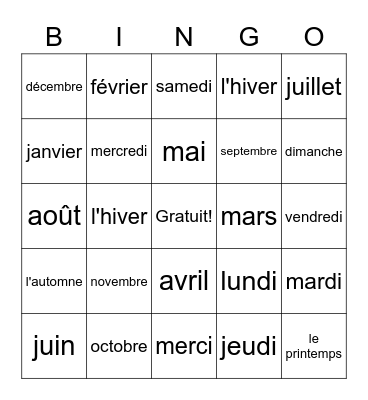 Bingo (jours, mois, saisons) Bingo Card