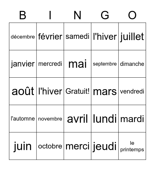 Bingo (jours, mois, saisons) Bingo Card