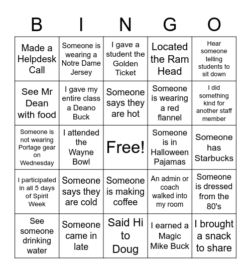 Spirit Week Bingo Card