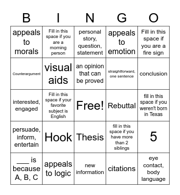 Argumentative writing Bingo Card