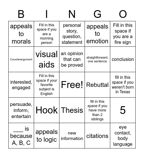 Argumentative writing Bingo Card
