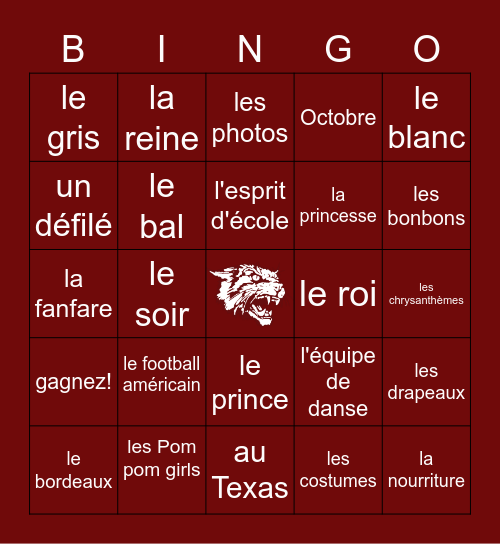 Homecoming Vocabulaire- en français Bingo Card