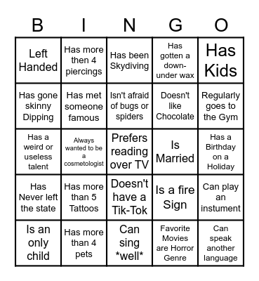 Get to Know you Bingo Card