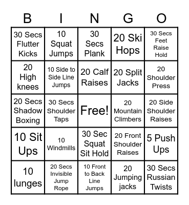The Child School Fitness Bingo Card
