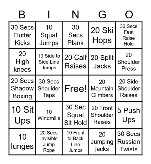 The Child School Fitness Bingo Card