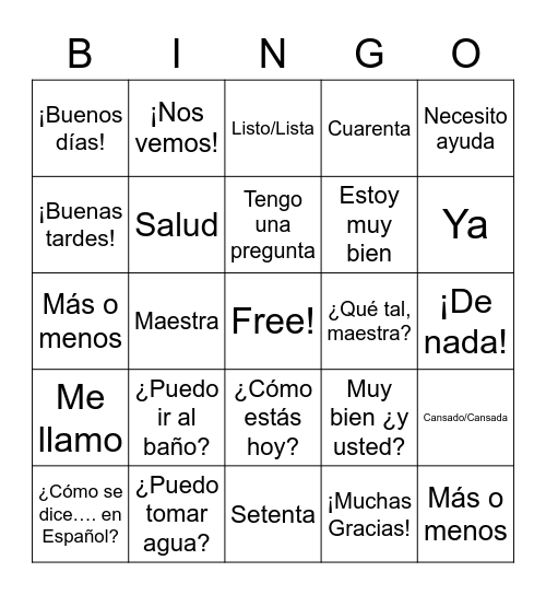 Sentence Builder Unit 1 and 2 Vocabulario Bingo Card