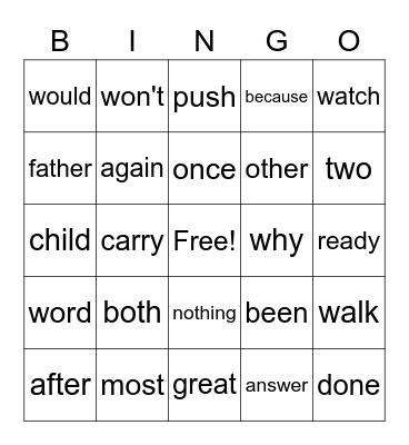 Extension Sight Words Bingo Card