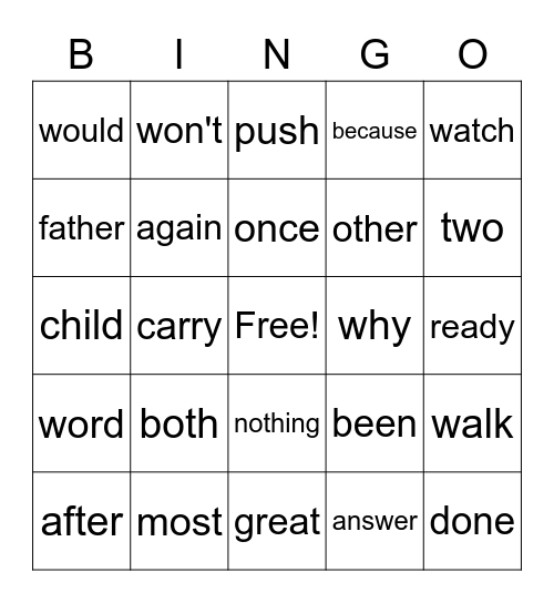 Extension Sight Words Bingo Card