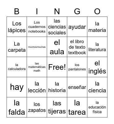 esp 1 unidad 2 utiles escolares Bingo Card