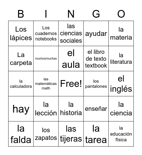 esp 1 unidad 2 utiles escolares Bingo Card