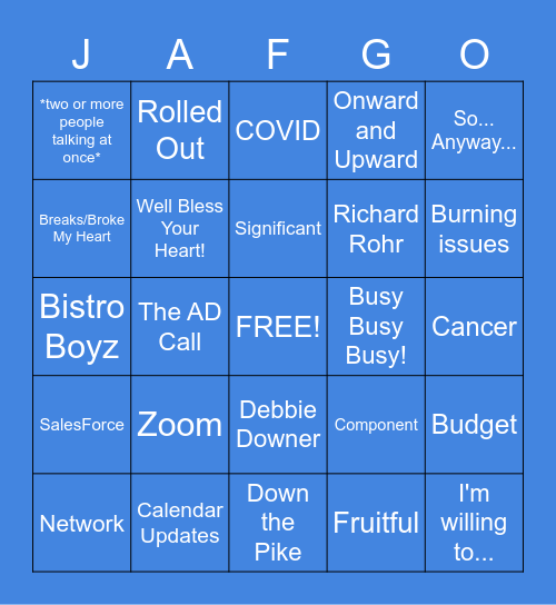Staff Meeting JAFGO Bingo Card