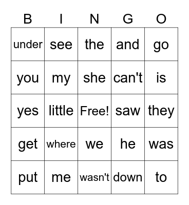 Beginning Sight Words Bingo Card