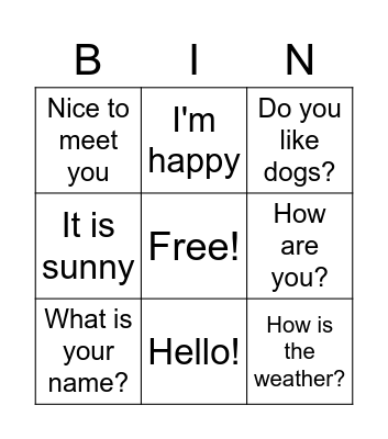 English Bingo Card