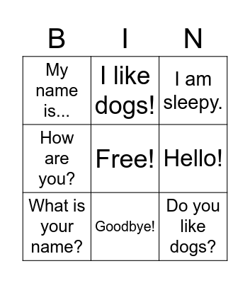 English Bingo Card