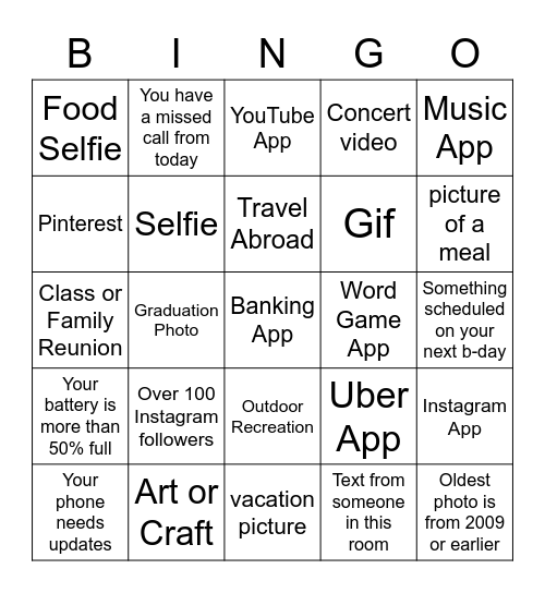 Cell Phone Bingo Card