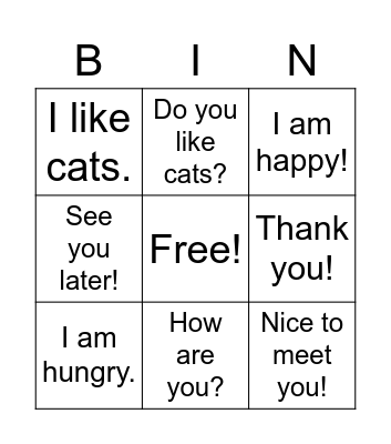 English Bingo 2 Bingo Card