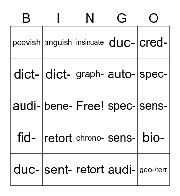 Vocabulary BINGO Card