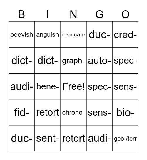 Vocabulary BINGO Card