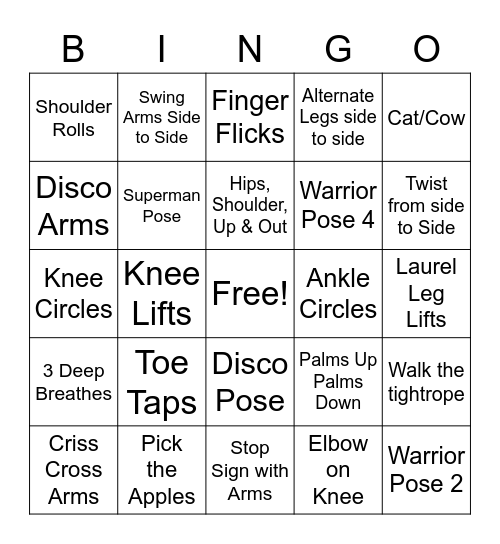 Exercise Bingo Card