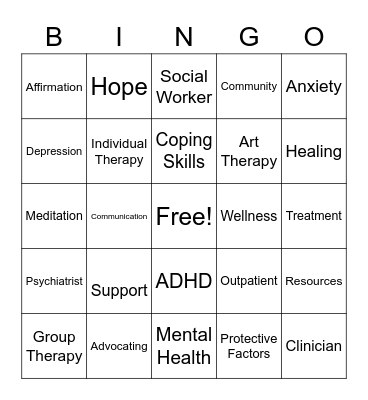 Mental Health Bingo Card