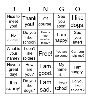 Expressions Bingo Card