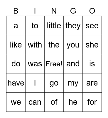 Sight Words Bingo Card