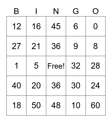 Multiplication 0-6 Bingo Card