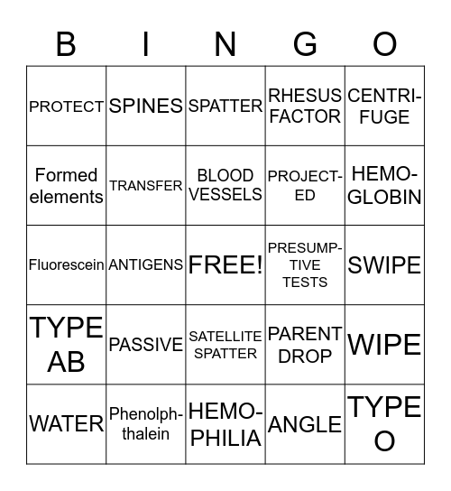 BLOOD UNIT  TEST REVIEW Bingo Card
