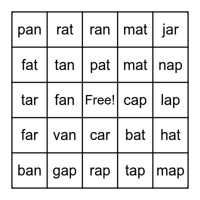 Short 'a' Sight Words Bingo Card