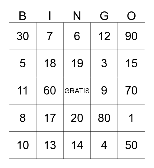 LOS NUMEROS Bingo Card