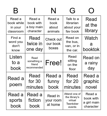 TeenTober Library Bingo Card