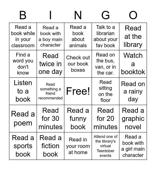 TeenTober Library Bingo Card