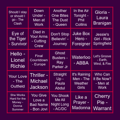 A-CEs 80's Music Bingo Card